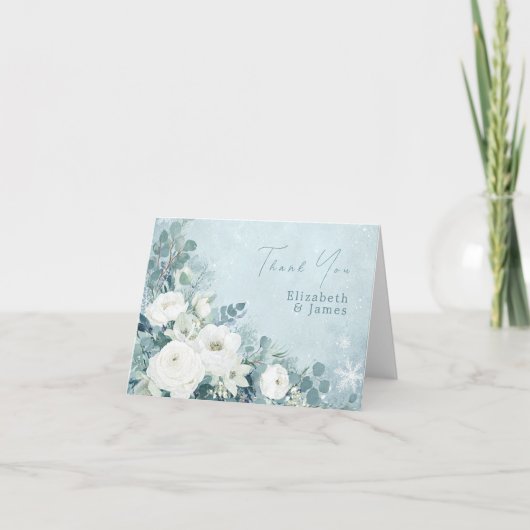 White Roses Hellebores Silver Eucalyptus Wedding Bedankkaart (Voorkant)