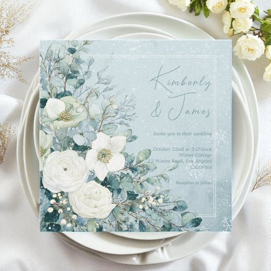 White Roses Hellebores Silver Eucalyptus Wedding Kaart