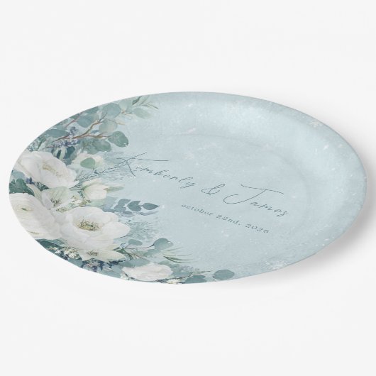 White Roses Hellebores Silver Eucalyptus Wedding Papieren Bordje (Gekanteld)