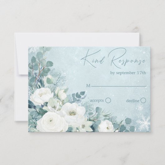 White Roses Hellebores Silver Eucalyptus Wedding RSVP Kaartje (Voorkant)