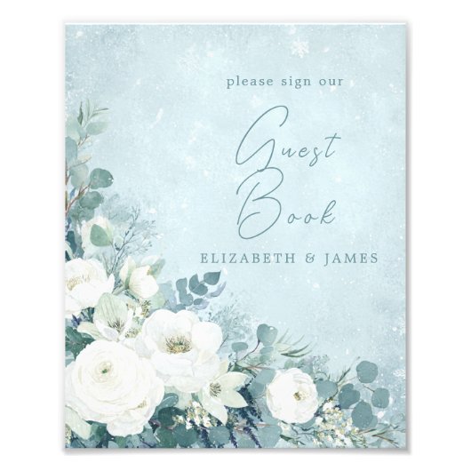 White Roses Hellebores Silver Wedding Guest Sign Foto Afdruk (Voorkant)