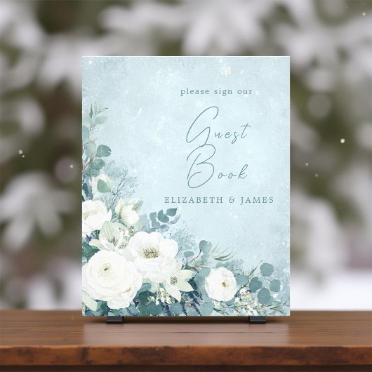 White Roses Hellebores Silver Wedding Guest Sign Foto Afdruk