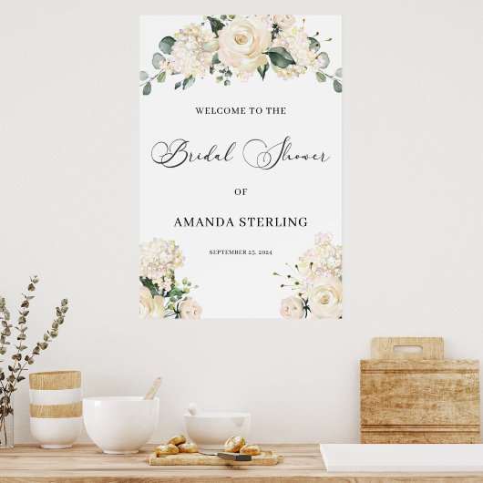 White Roses hydrangeas greenery welkomstbord Poster (Keuken)