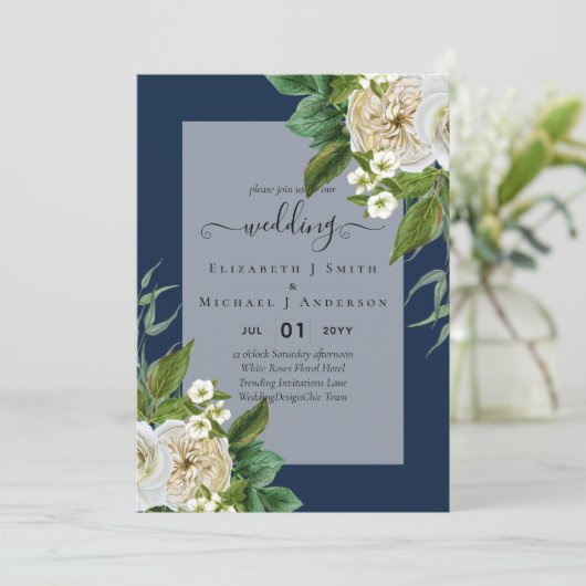 WHITE ROSES Invitations WEDDING CHIC Kaart (Staand voorkant)