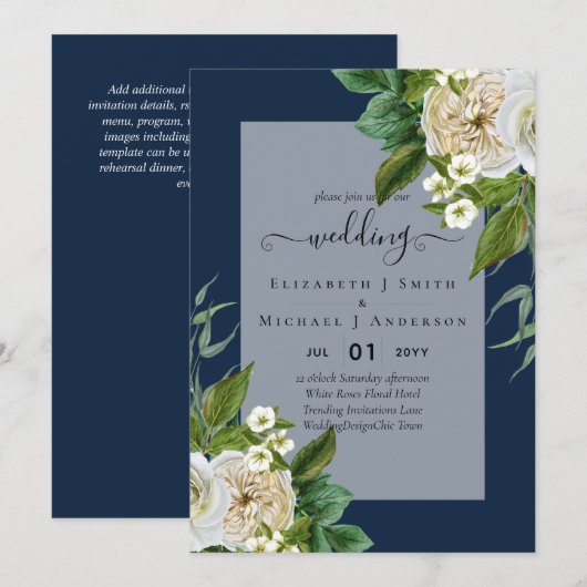 WHITE ROSES Invitations WEDDING CHIC Kaart (Voorkant / Achterkant)