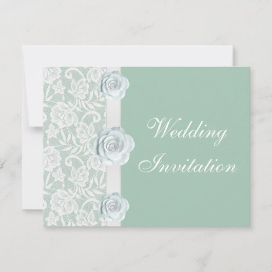 White Roses & Lace Mint Green Wedding Invitation Kaart (Voorkant)