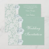 White Roses & Lace Mint Green Wedding Invitation Kaart (Voorkant / Achterkant)