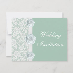 White Roses & Lace Mint Green Wedding Invitation Kaart