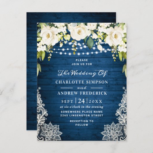 White Roses Lace Rustic Wedding Invitation Card Briefkaart (Voorkant / Achterkant)