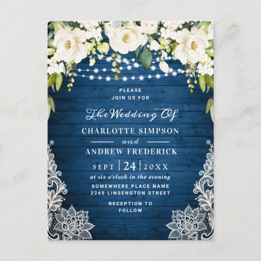 White Roses Lace Rustic Wedding Invitation Card Briefkaart (Voorkant)