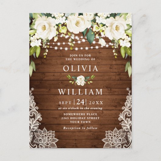 White Roses Lace Rustic Wedding Invitation Card Briefkaart (Voorkant)