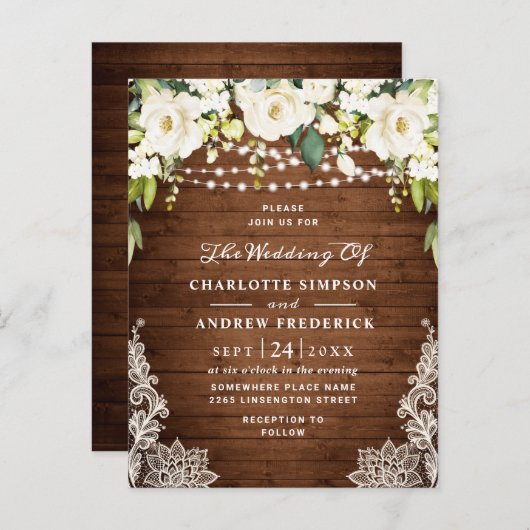 White Roses Lace Rustic Wedding Invitation Card Briefkaart (Voorkant / Achterkant)