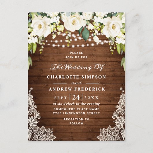 White Roses Lace Rustic Wedding Invitation Card Briefkaart (Voorkant)