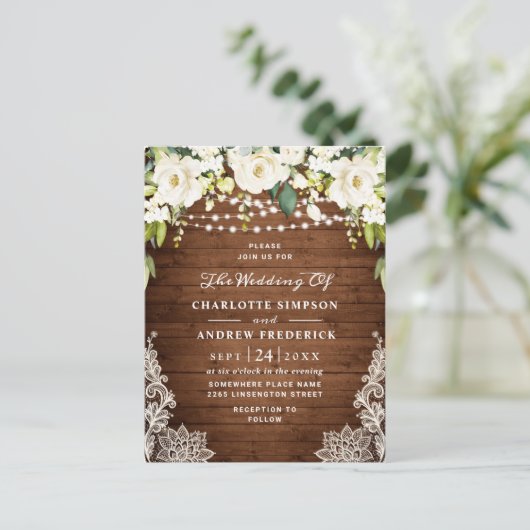 White Roses Lace Rustic Wedding Invitation Card Briefkaart (Staand voorkant)