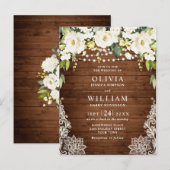 White Roses Lace Rustic Wedding Invitation Card Briefkaart (Voorkant / Achterkant)