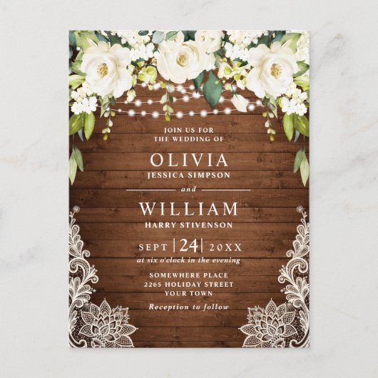 White Roses Lace Rustic Wedding Invitation Card Briefkaart (Voorkant)
