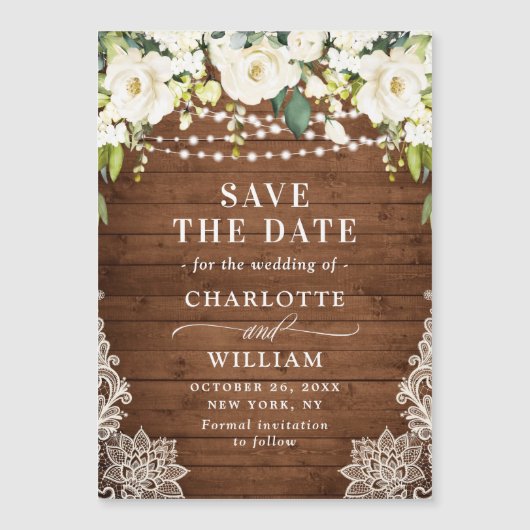 White Roses Lace Save the Date Magnetische Kaart (Voorkant)