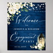 White Roses Lantern Blue Wood Engagement Party Poster (Voorkant)