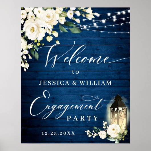 White Roses Lantern Blue Wood Engagement Party Poster (Voorkant)