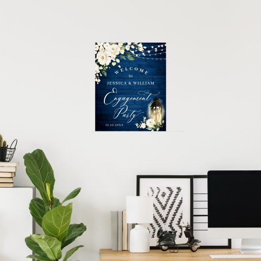 White Roses Lantern Blue Wood Engagement Party Poster (Thuiskantoor)