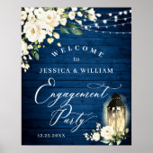 White Roses Lantern Blue Wood Engagement Party Poster (Voorkant)