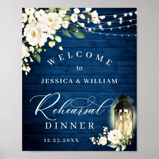 White Roses Lantern Blue Wood Rehearsal Dinner Poster (Voorkant)