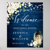 White Roses Lantern Blue Wood Rehearsal Dinner Poster (Voorkant)
