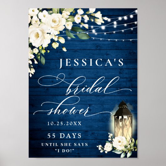 White Roses Lantern Blue Wood Vrijgezellenfeest Poster (Voorkant)