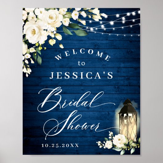 White Roses Lantern Blue Wood Vrijgezellenfeest Poster (Voorkant)
