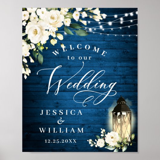 White Roses Lantern Blue Wood Welcome Weddenschap Poster (Voorkant)