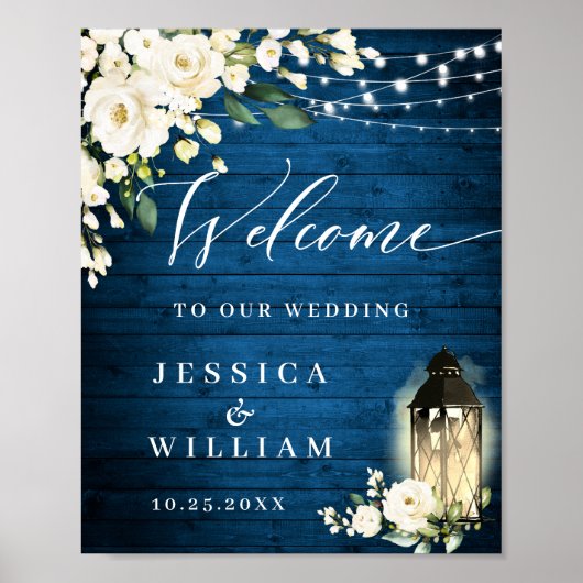 White Roses Lantern Blue Wood Welcome Weddenschap Poster (Voorkant)