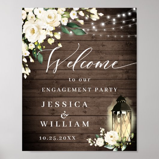 White Roses Lantern Rustic Wood Engagement Party Poster (Voorkant)