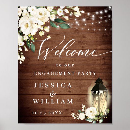 White Roses Lantern Rustic Wood Engagement Party Poster (Voorkant)