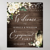 White Roses Lantern Rustic Wood Engagement Party Poster (Voorkant)