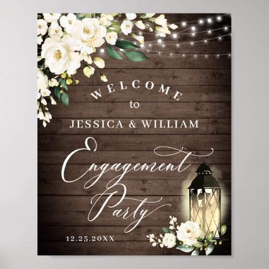 White Roses Lantern Rustic Wood Engagement Party Poster (Voorkant)