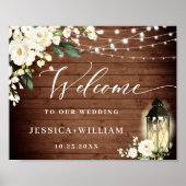 White Roses Lantern Rustic Wood Welcome Weddenscha Poster (Voorkant)