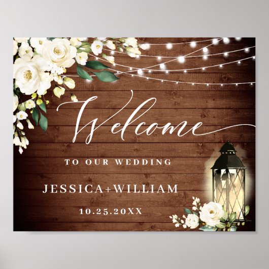White Roses Lantern Rustic Wood Welcome Weddenscha Poster (Voorkant)