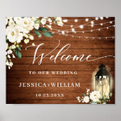 White Roses Lantern Rustic Wood Welcome Weddenscha Poster (Voorkant)