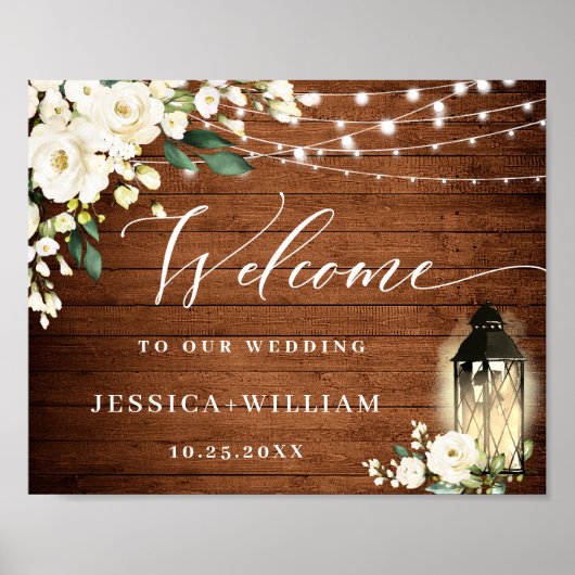 White Roses Lantern Rustic Wood Welcome Weddenscha Poster (Voorkant)
