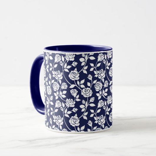 White Roses Leaves Navy Blue Background Pattern Mok (Voorkant links)