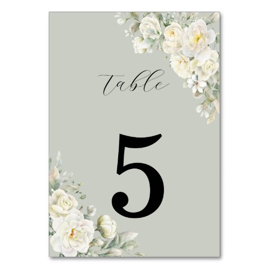 White Roses Light Green Table Number Kaart (Voorkant)