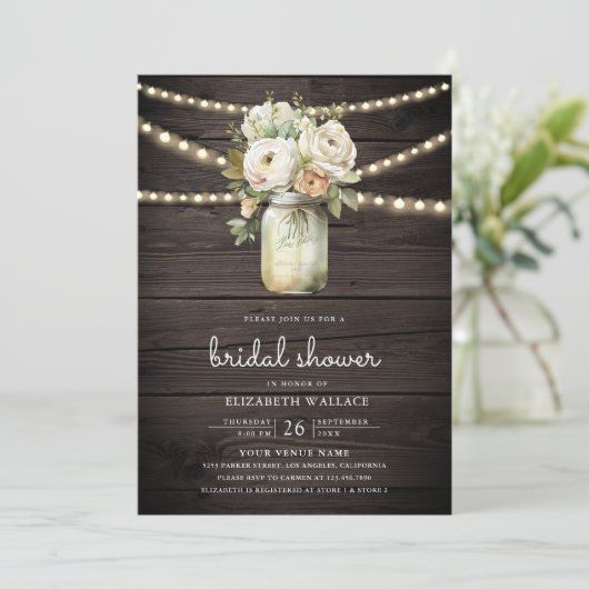 White Roses Mason Jar Foto Hout Vrijgezellenfeest Kaart (Staand voorkant)