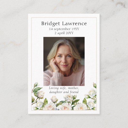 White Roses Memorial Photo Prayer Card Visitekaartje (Voorkant)