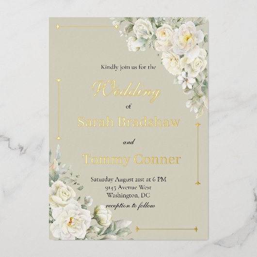 White Roses Modern Foil Wedding Invitation Folie Uitnodiging (Voorkant)