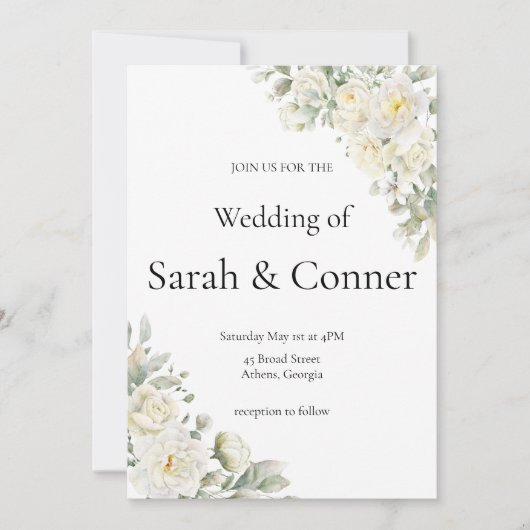 White Roses Modern Wedding Invitation Kaart (Voorkant)