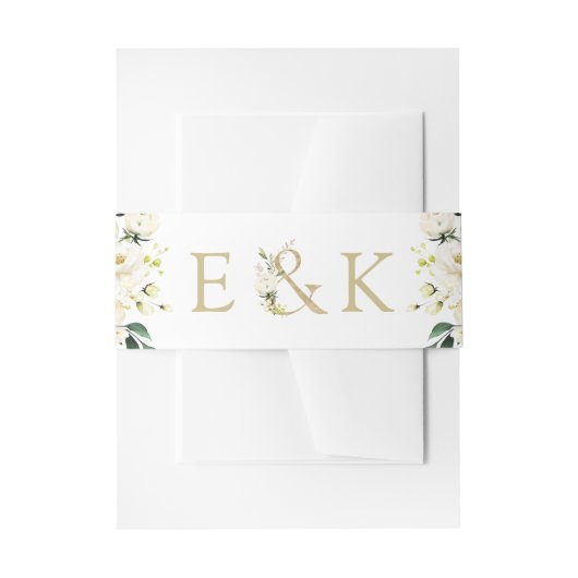 White Roses Monogram Weddenschap Belly Band Uitnodigingen Wikkel (Voorkant Voorbeeld)