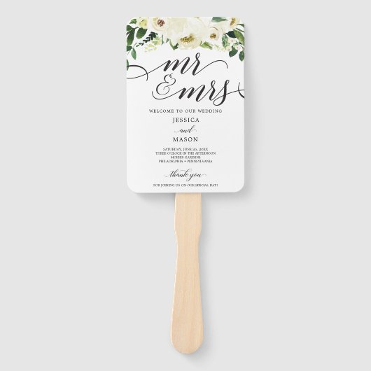 White Roses Mr en Mrs Wedding Program Fan Handwaaier (Voorkant)