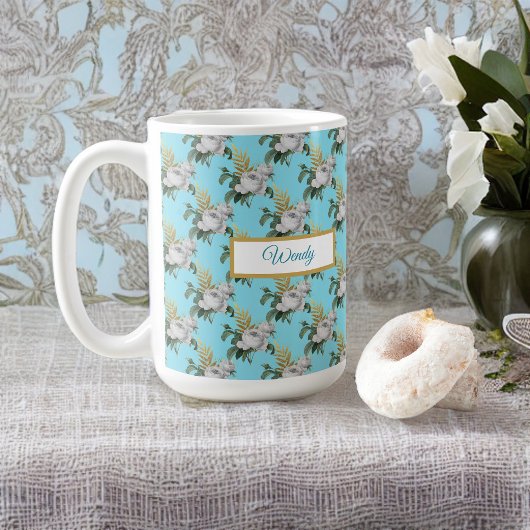 White Roses Pattern op Aqua Monogram Koffiemok