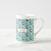 White Roses Pattern op Aqua Monogram Porselein Kop (Rechts)