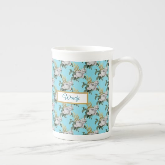  White Roses Pattern op Aqua Monogram Porselein Kop (Rechts)
